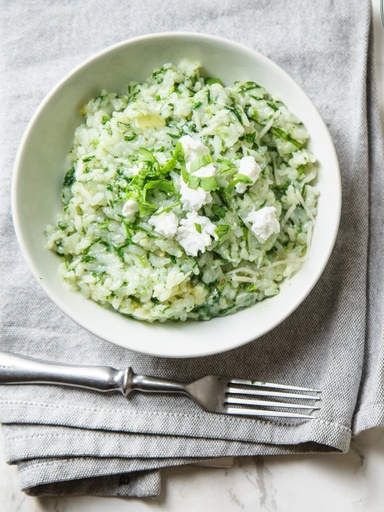 Dès 15/18 mois : Déjeuner - Risotto de blettes à la crème et queue d'églefin  Texture "Morceaux" DLC 11/12/2024