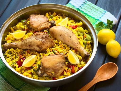 Dès 6/8 mois : Déjeuner - Paella au poulet (riz, tomates, poivrons, haricots verts, petits pois et artichauts) Texture "Lisse" DLC 16/06/2025