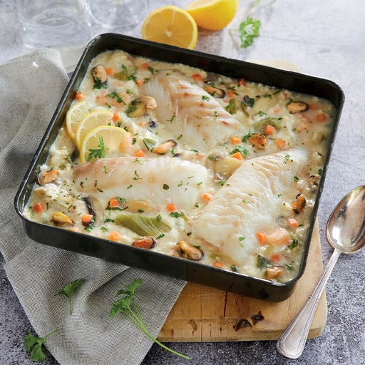 Dès 6/8 mois : Déjeuner - Blanquette de la mer (brocolis, chou-fleur, pommes de terre, persil et crème) et dos de Lieu noir au curcuma Texture "Lisse" DLC 07/07/2025