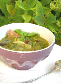 Dès 10/12 mois : Déjeuner - Soupe au pistou (courgette, tomates, haricots vert, pommes de terre,  pâtes, bleu d'Auvergne, emmental, ail, basilic) et Filet de Poulet Texture "Mouliné" DLC 30/07/2025